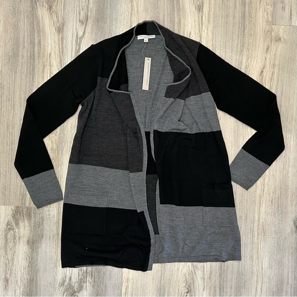NWT Adrienne Vittadini Gray Colorblock 100% Wool Open Cardigan Sweater Size S